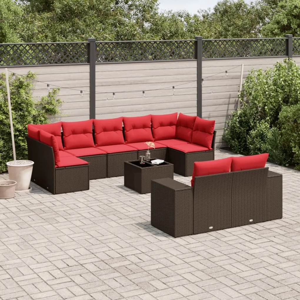 vidaXL 10 pcs conj. sofás jardim com almofadões vime PE castanho