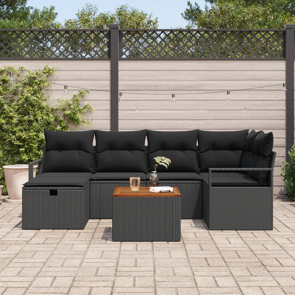 Conjunto de Sofá de Jardim vidaXL de 7 Peças com Almofadas Vime Preto,