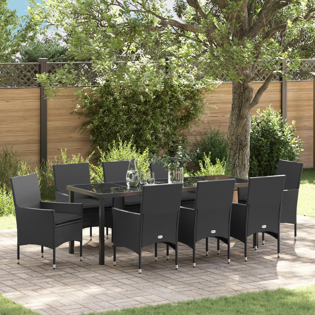 Conjunto de Jantar de 9 Peças vidaXL com Almofadas Rattan de Polipropileno Preto