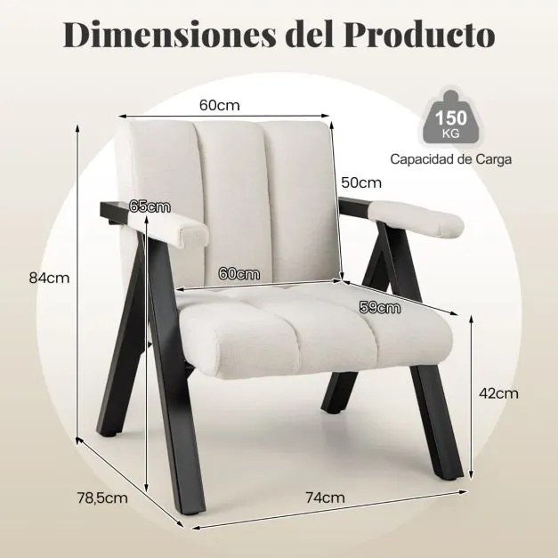 Poltrona lounge acolchoada com braços e estrutura em metal moderna Bege e Preto