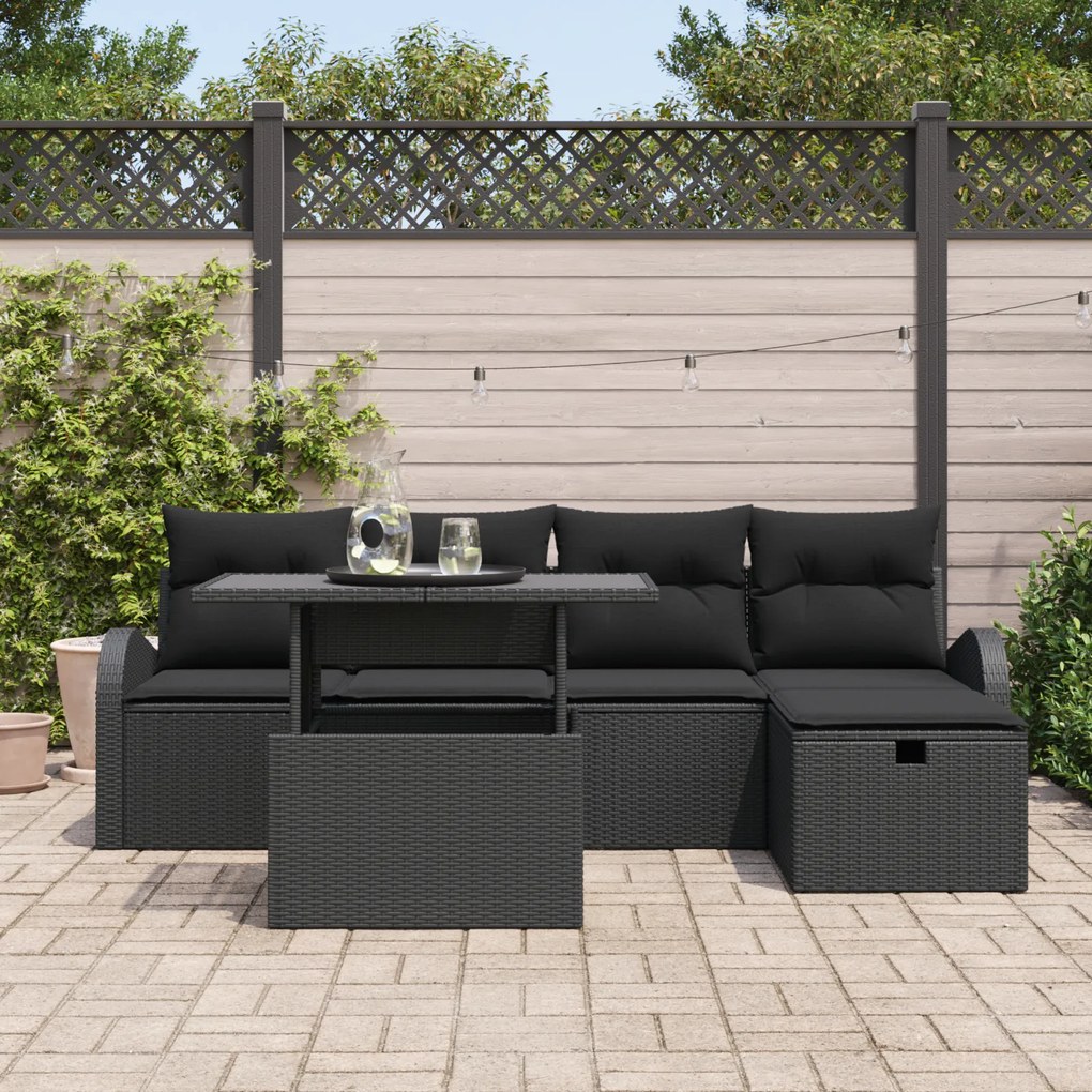 Conjunto de Sofás de Jardim vidaXL com Almofadas Preto Rattan Poliéste