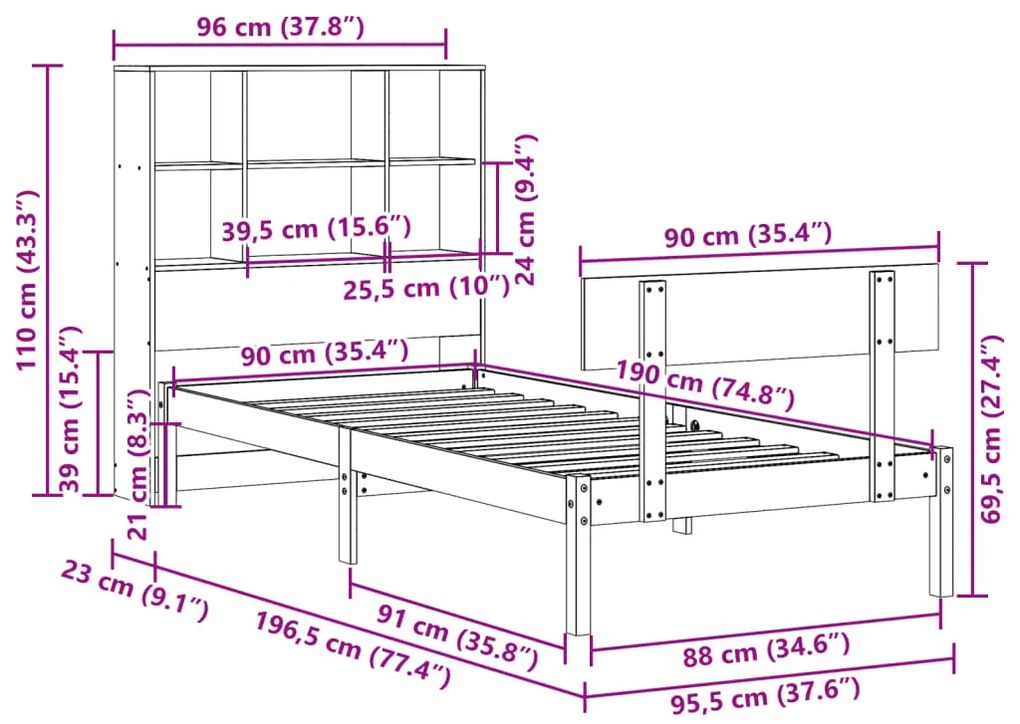 Cama com estante sem colchão 90x190 cm pinho maciço branco