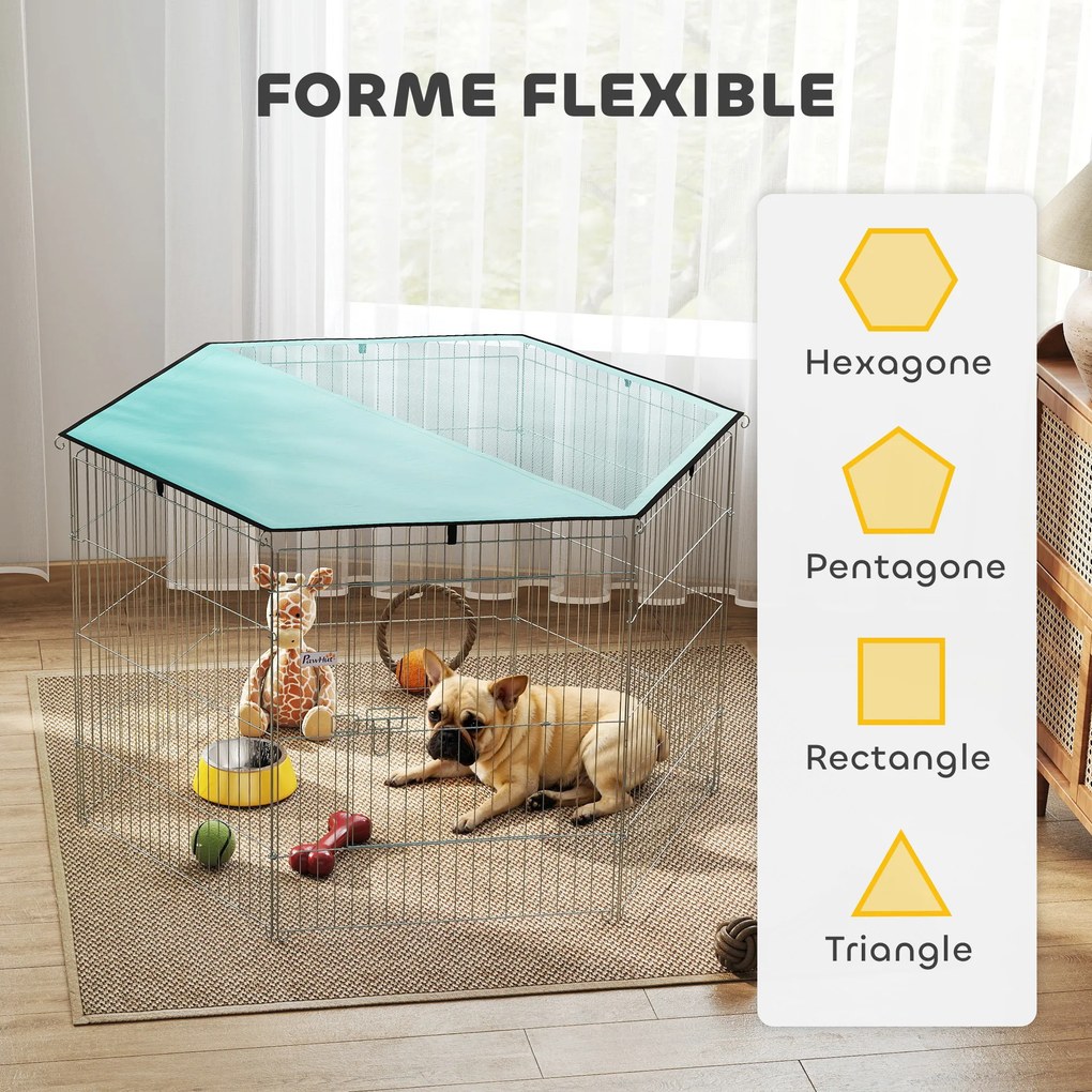 Parque para cães de 76 cm de altura, recinto para cães com 6 painéis e teto, modular e dobrável, recinto portátil com porta verde e prateada