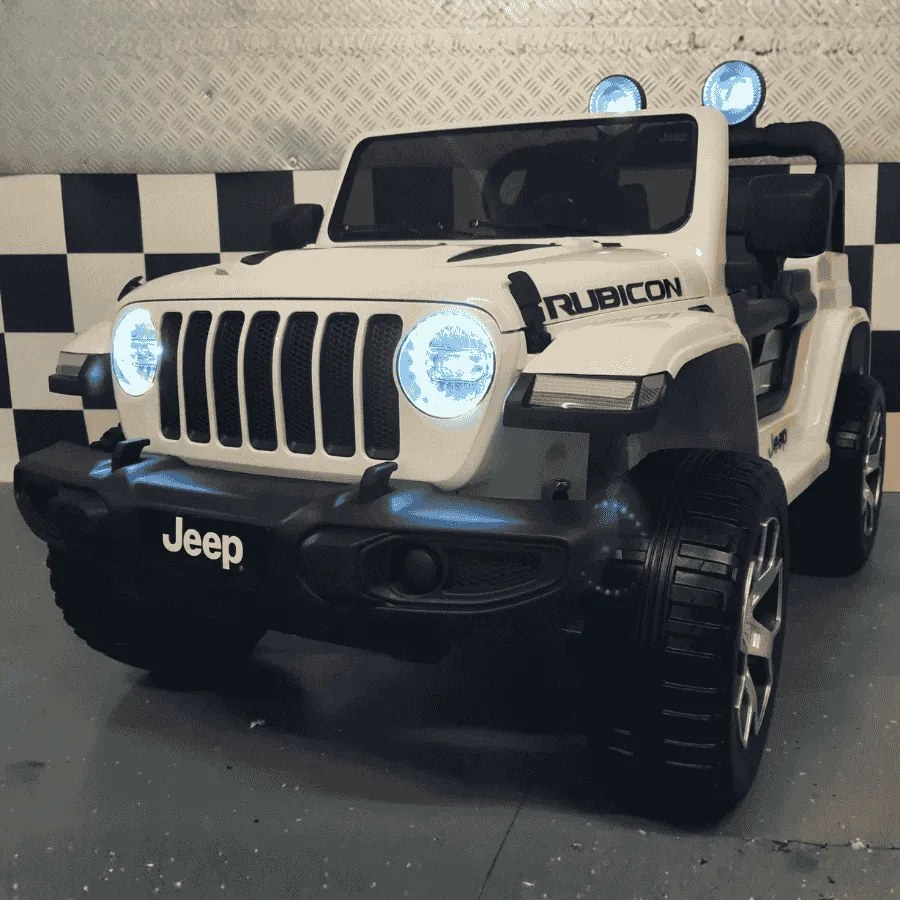 Jeep Wrangler bateria carro infantil 12V 4x4 controlo remoto, Pneus Borracha, Assento em pele sintetica branco