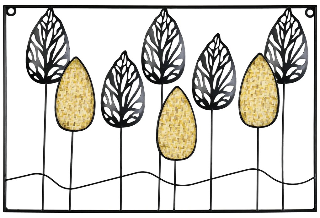 Decoração de Parede de Metal 3D Folhas de Abeto Arte de Parede Suspensa para Sala de Estar Dormitório Escritório 40x60cm Preto e Amarelo