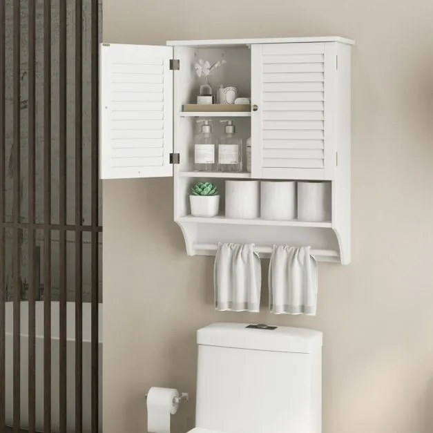 Armário de parede para casa de banho com 2 portas Estante ajustável Toalheiro 60 x 22 x 75 cm Branco
