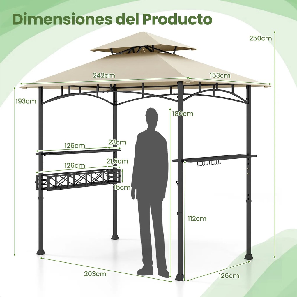 Tenda 242 x 153 cm com 2 estantes laterais, cesto, ganchos e abridor de garrafas; Estrutura metálica para jardim ou pátio, cor bege