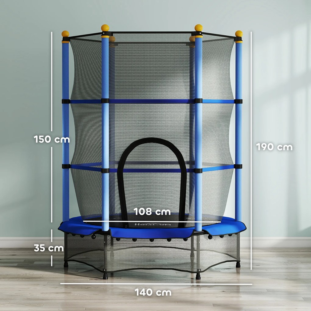 Trampolim infantil Ø 1,40 × 1,90 m (altura) Rede de segurança Porta com fecho de correr Proteção para molas 6 postes almofadados Incluído Azul