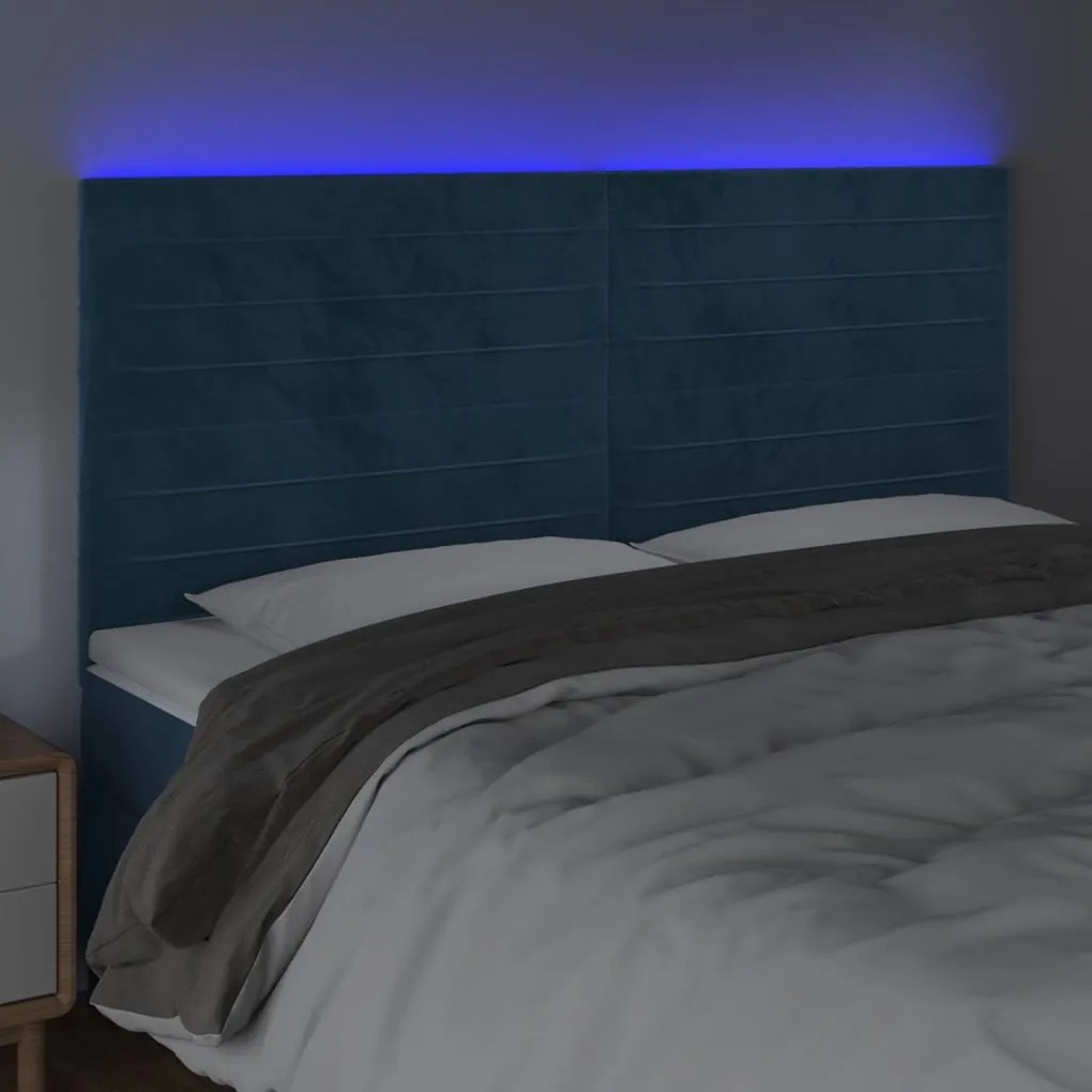 Cabeceira cama c/ luzes LED veludo 160x5x118/128cm azul-escuro