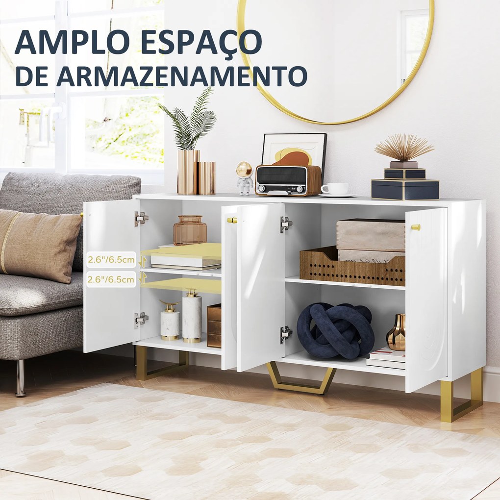 Aparador Moderno para Sala de Estar com Prateleiras Ajustáveis e Pés Dourados Móvel para TV até 65 Polegadas 140,8x35x77,5 cm Branco