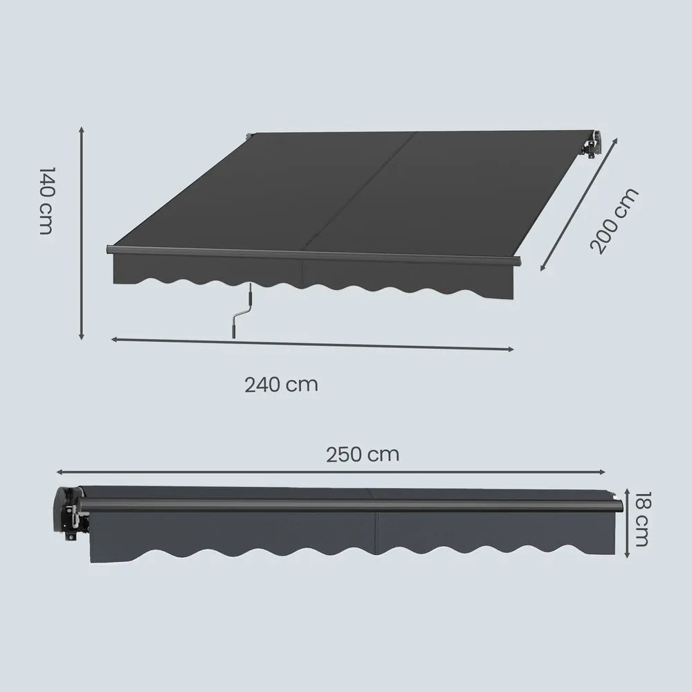 Toldo varanda de braço articulado 250 x 200 cm (C x L), manivela, FPS 50+ Cinza