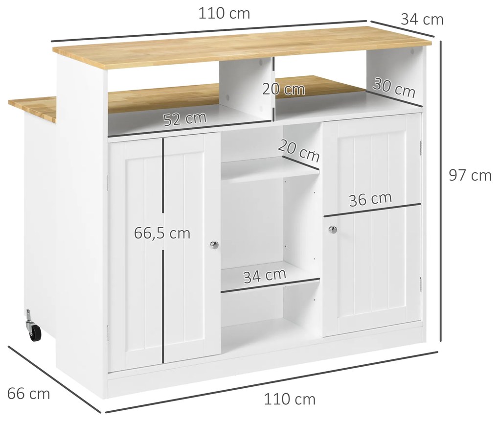 HOMCOM Ilha de Cozinha com Rodas Carrinho de Cozinha com Bancada de Madeira de Borracha Dobrável 2 Portas e Prateleiras Abertas 110x66x97 cm Branco e Madeira