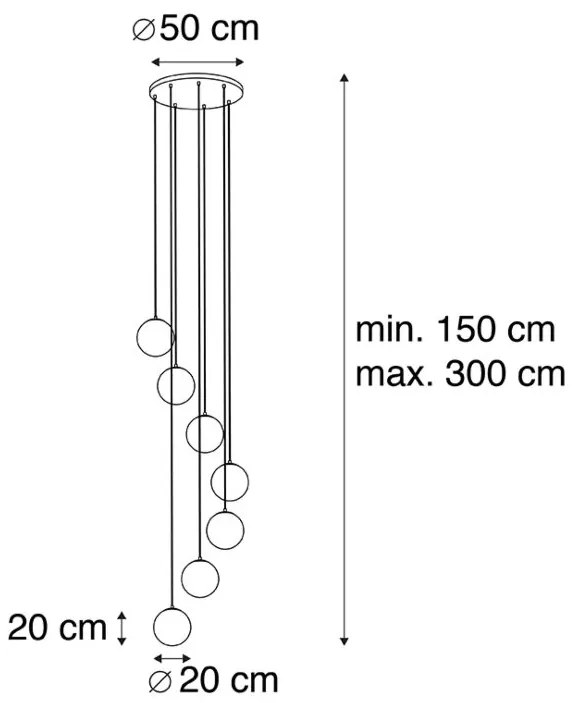 LED Candeeiro suspenso inteligente preto com vidro dourado 7 luzes incluindo 7 Wifi A60 - Pallon