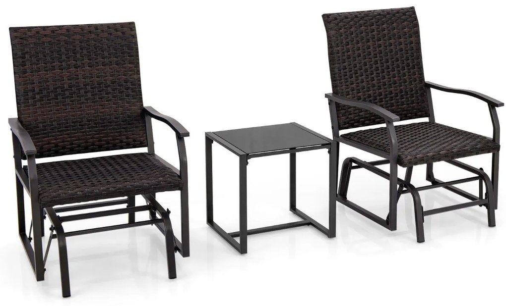 Conjunto de móveis baloiço jardim de vime de 3 peças com mesa de café de vidro temperado assento de vime assento de vime estrutura metálica móveis de
