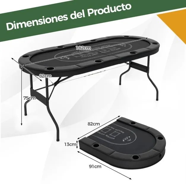 Mesa de póquer dobrável de 182 cm para 8 jogadores oval portátil para jogos com porta-copos e grades acolchoadas para casa Preto