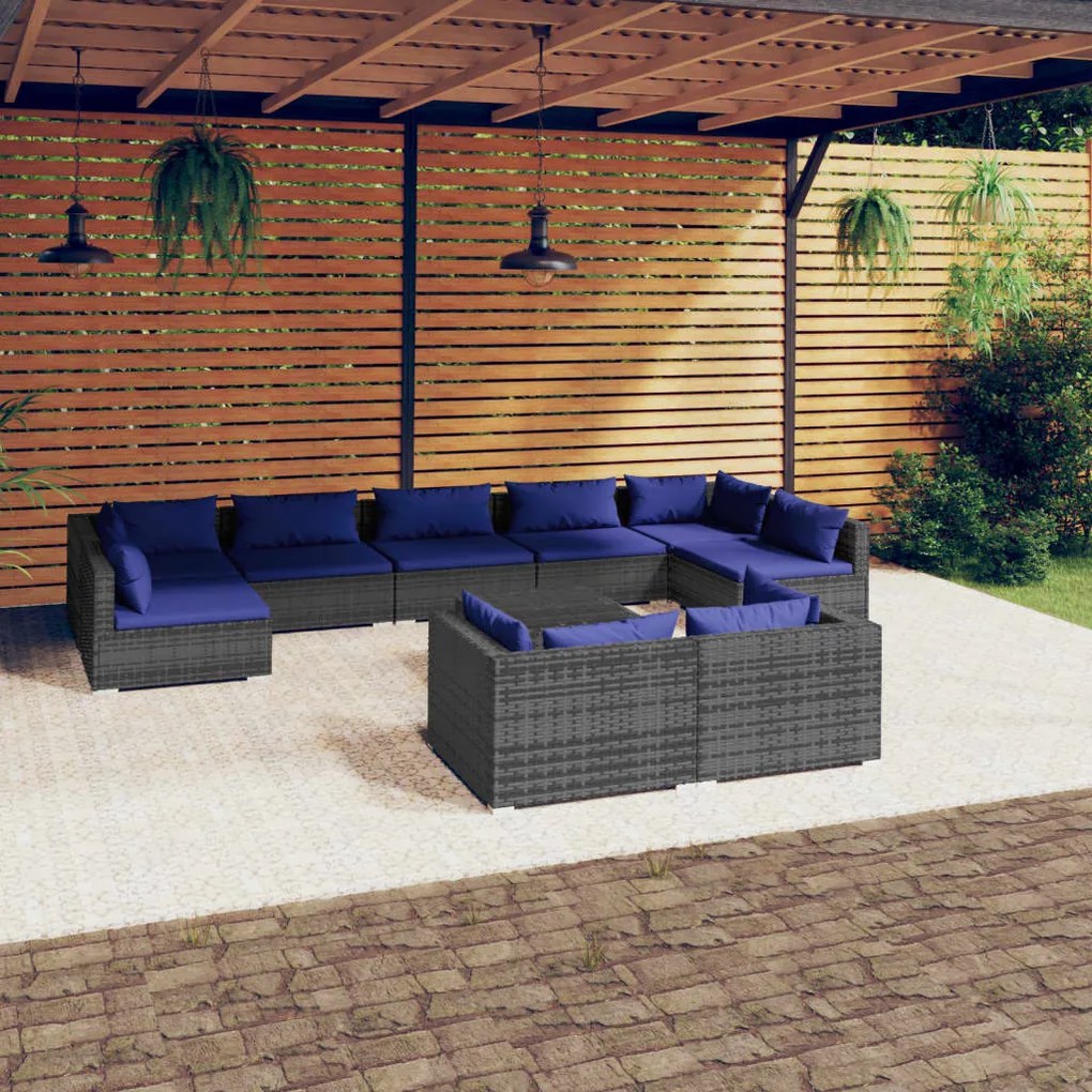 vidaXL 10 pcs conjunto lounge de jardim c/ almofadões vime PE cinzento