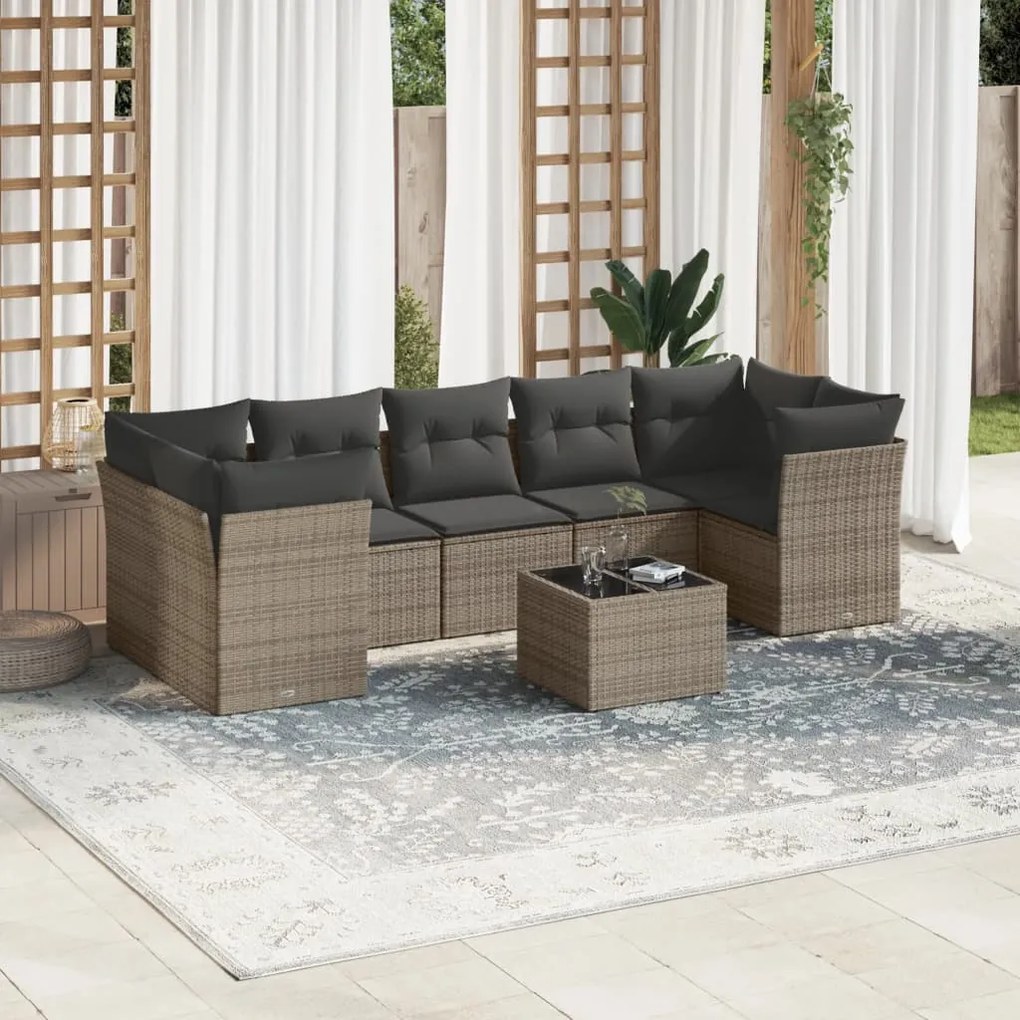 8 pcs conjunto sofás de jardim c/ almofadões vime PE cinzento