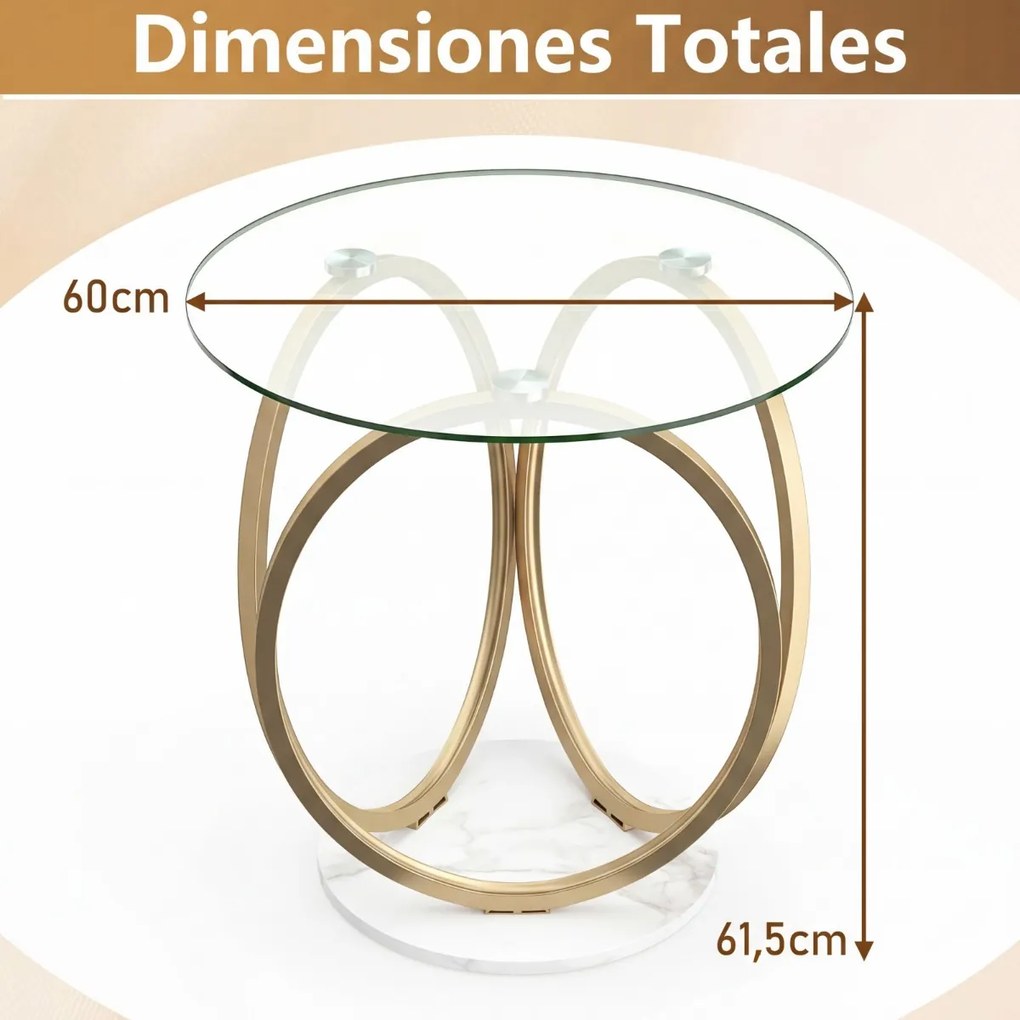 Mesa de centro redonda 60x60x61,5 cm moderna em vidro temperado com estrutura metálica em forma de anel  para sala de estar, escritório, casa e espaço