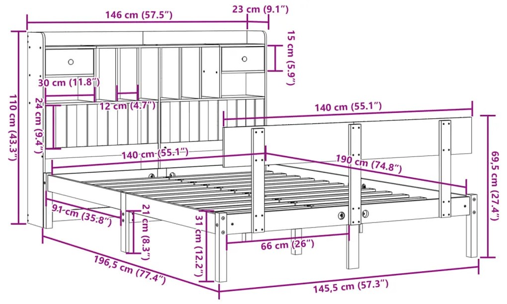 Cama com estante sem colchão 140x190 cm pinho maciço branco