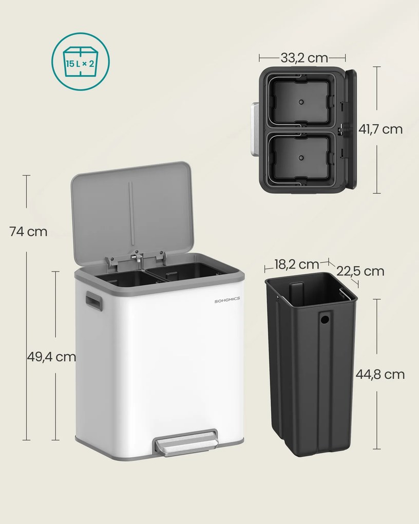 Caixote do lixo de cozinha com Sistema de separação de resíduos 2 x 15 L branco