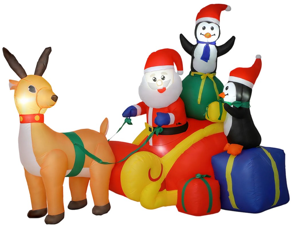 Outsunny Pai Natal Insuflável com Trenó Pinguins e Renas Insufláveis de Natal com Luzes LED Decoração de Natal 180x120x155 cm Multicor | Aosom Portugal