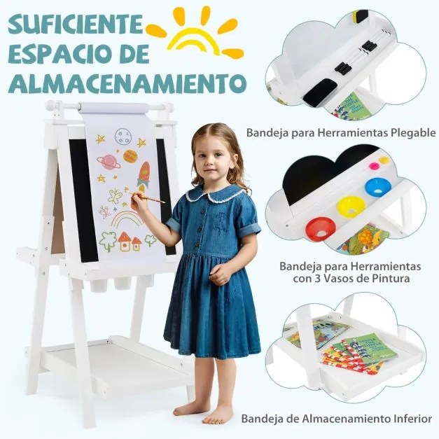 Cavalete de arte dobrável de dupla face 3 em 1 para crianças + 3 anos com quadro negro e rolo de papel substituível 3 copos bandejas Branco