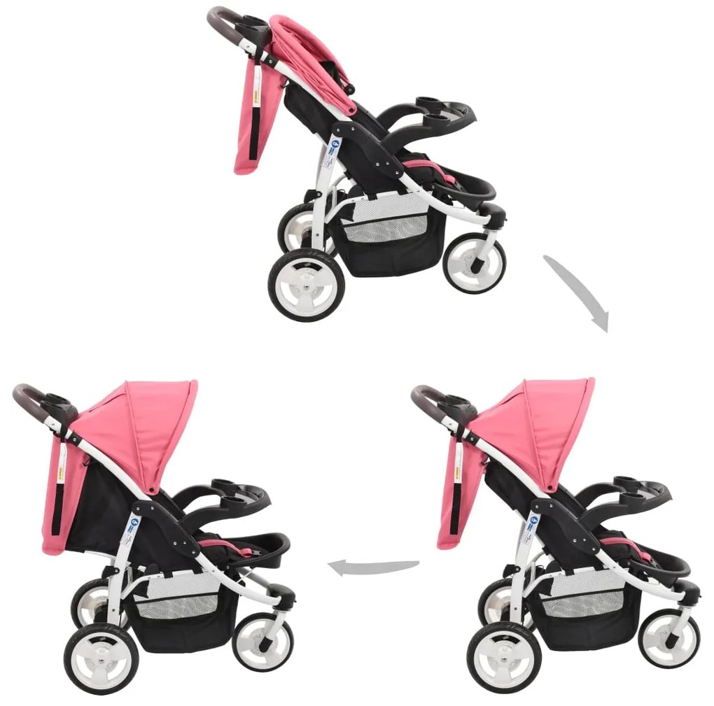 Carrinho de bebé com três rodas rosa e preto