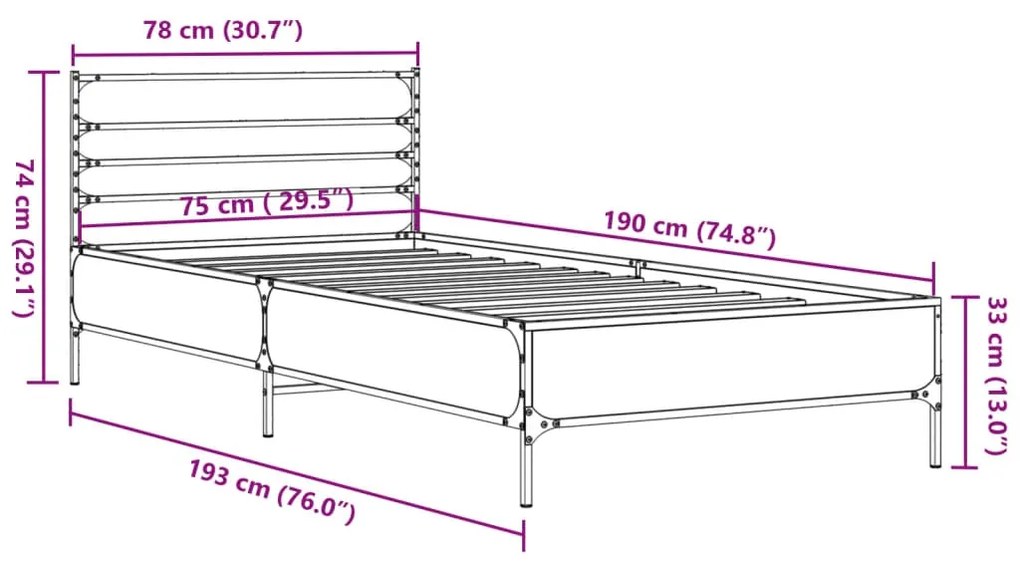 Estrutura de cama 75x190 cm derivados de madeira e metal preto