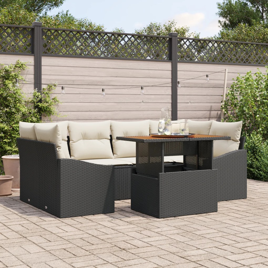 Conjunto de Sofá de Jardim de 7 Peças com Almofadas Preto Polirattan