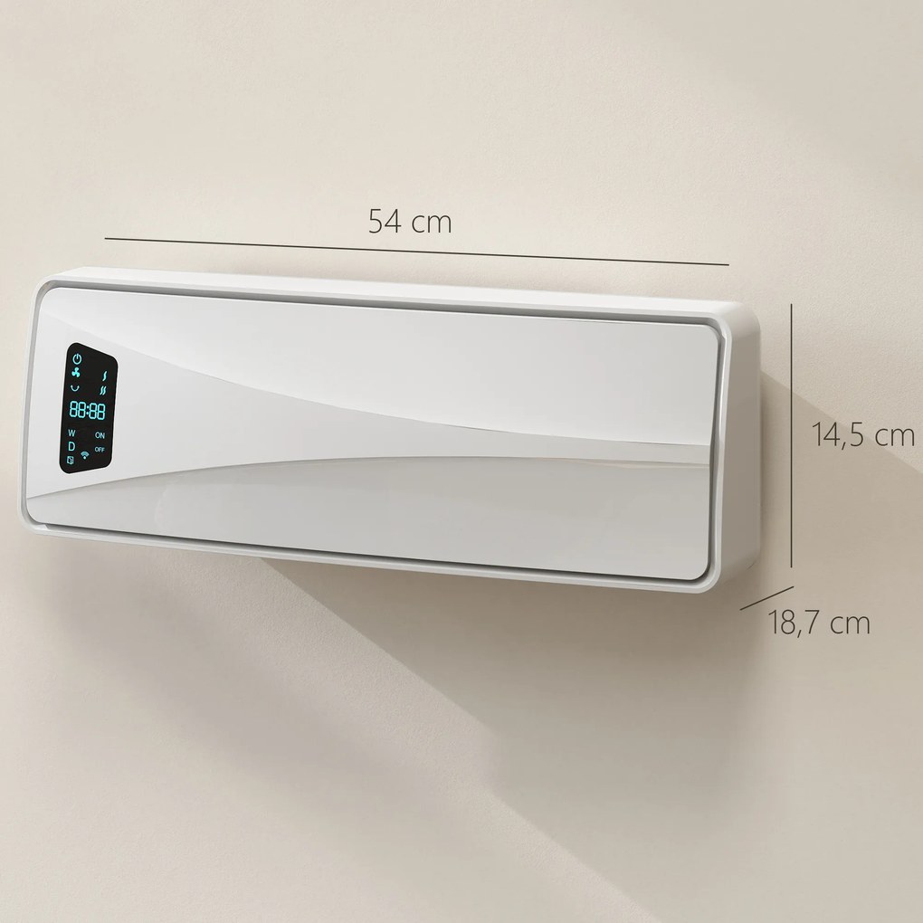Aquecedor Elétrico de Baixo Consumo de Parede 2000W com 3 Modos Ecrã LED Termostato Temporizador e Oscilação 54x18,7x14,5 cm Branco