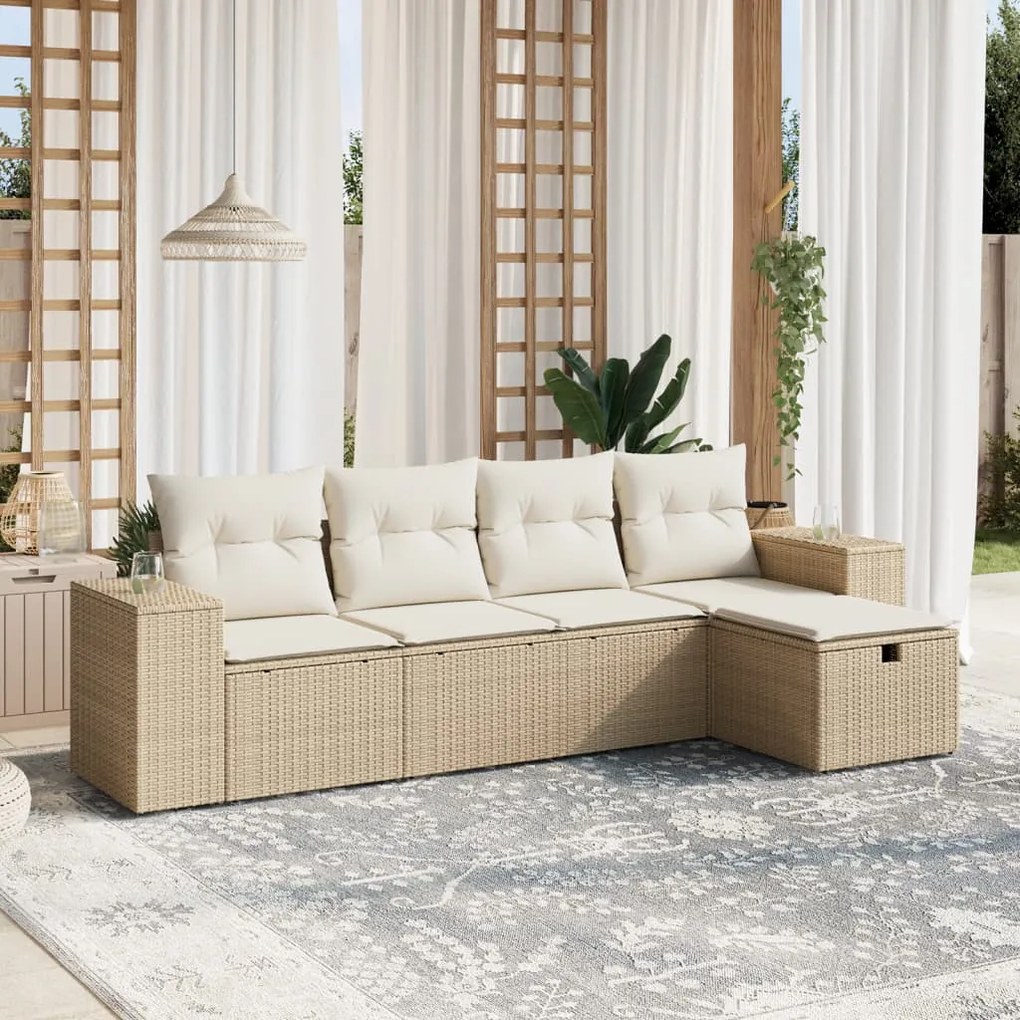 5 pcs conjunto de sofás p/ jardim com almofadões vime PE bege