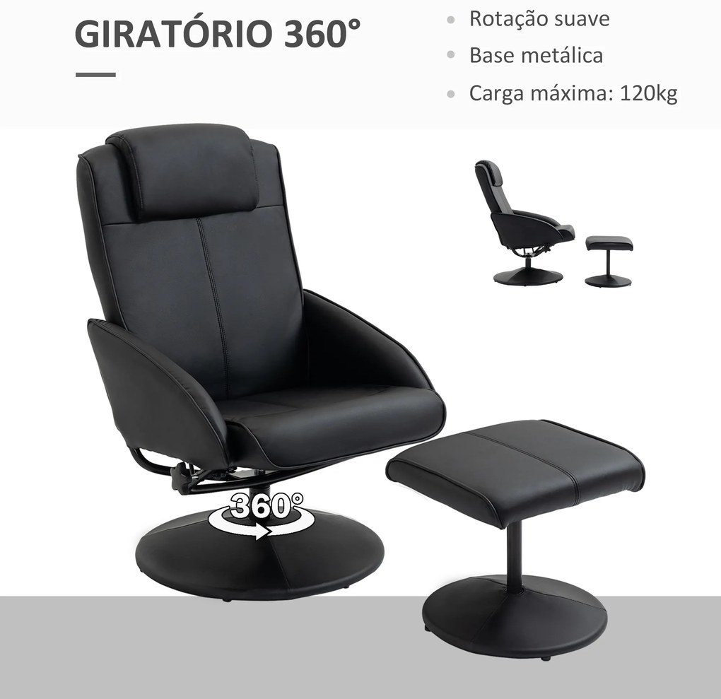 Poltrona Relax Reclinável até 145° com Banco de Apoio para os Pés Estofada em PU e Estrutura de Aço 78x67x98 cm Preto