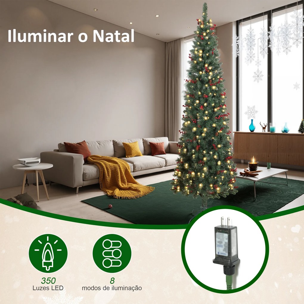 Árvore de Natal Slim 230 cm com Luzes LED 8 Modos de Iluminação 761 Ramos com Purpurina Prateada Pinhas e Bagas Verde