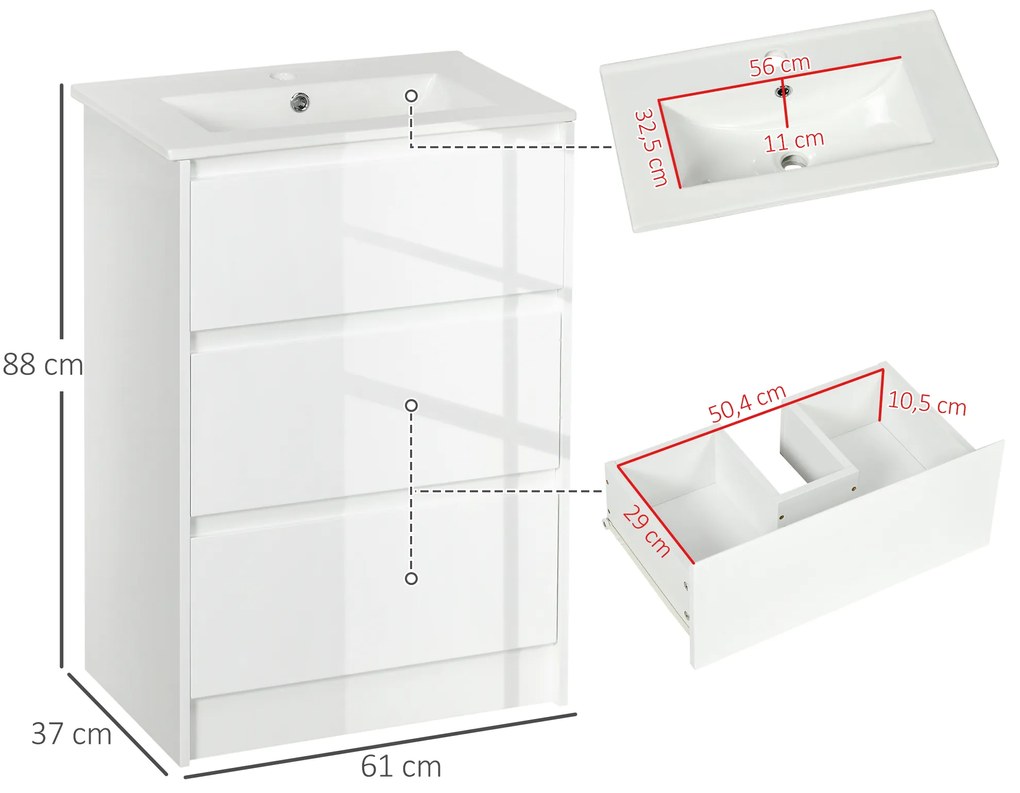 Móvel de Casa de Banho com Lavatório Armário Casa de Banho de Cerâmica Sintética com 2 Gavetas 61x37x88 cm Branco Brilhante