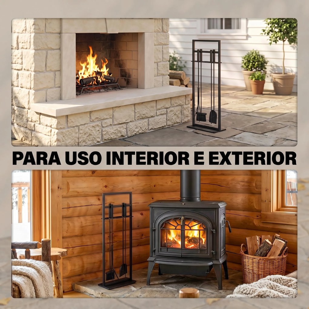 Conjunto de Utensílios para Lareira de 5 Peças em Metal com Escova Pá Atiçador Pinça e Suporte Preto