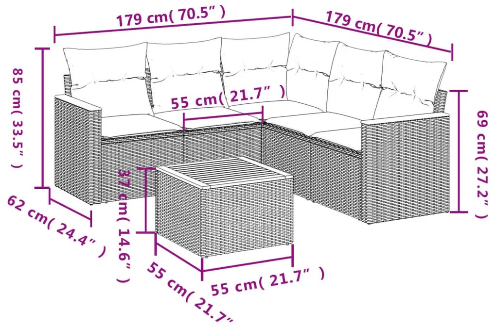 6 pcs conjunto sofás de jardim c/ almofadões vime PE preto