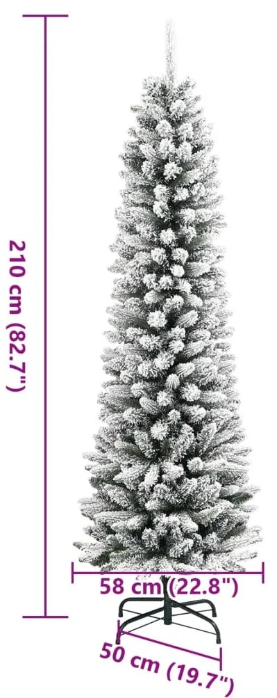 Árvore de Natal artificial fina com neve PVC e PE 210 cm