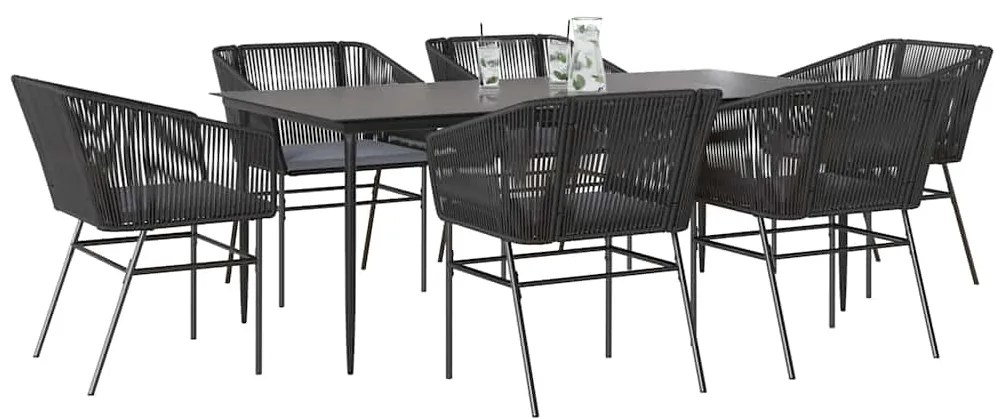 Conjunto de jantar jardim 7 peças almofadas vidro vime PE preto