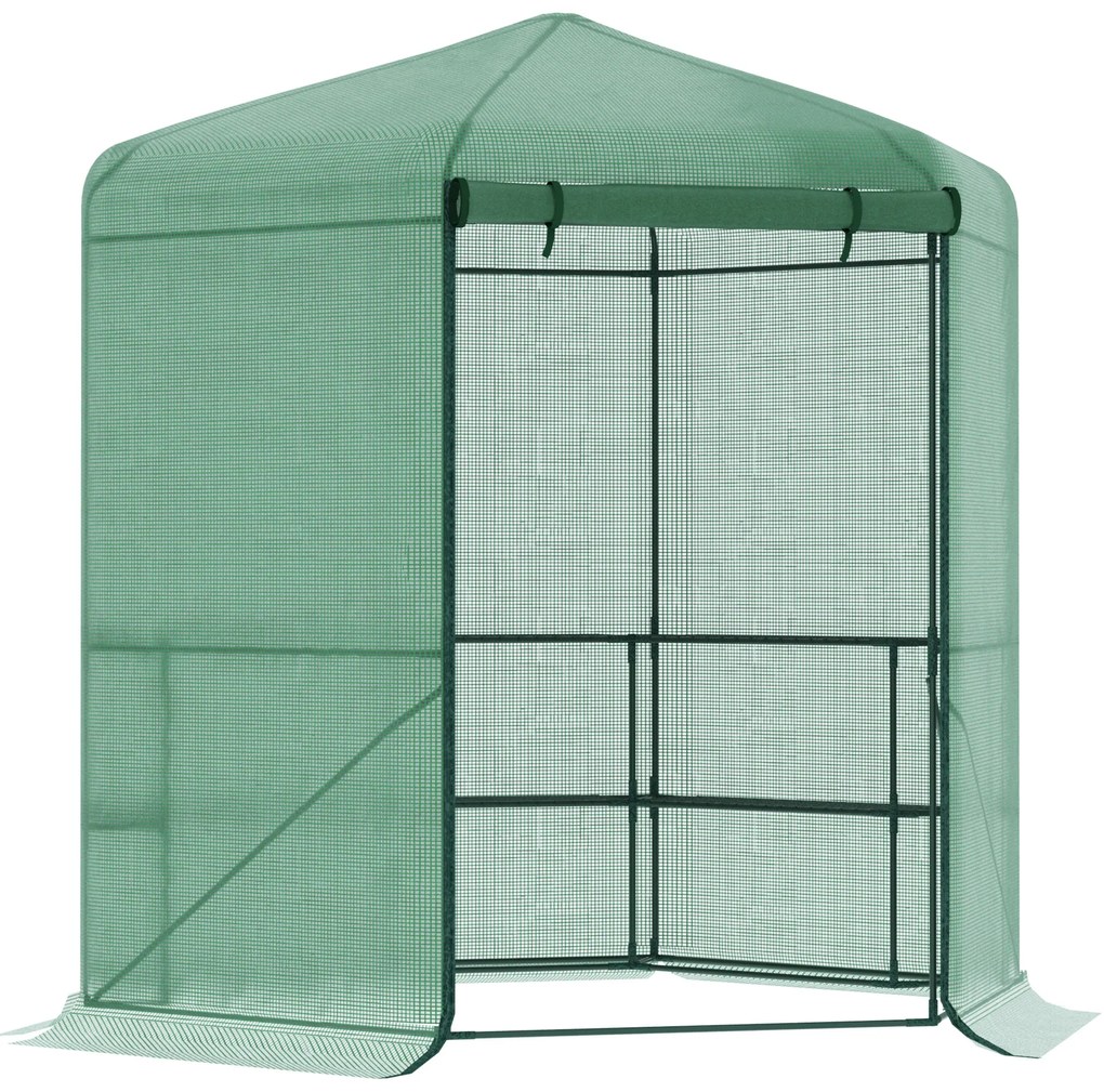 Outsunny Estufa de Jardim Hexágono 194x194x215cm Estufa com 6 Prateleiras Porta Enrolável e Estrutura de Aço Galvanizado para Cultivos de Plantas Vasos de Flores Verde