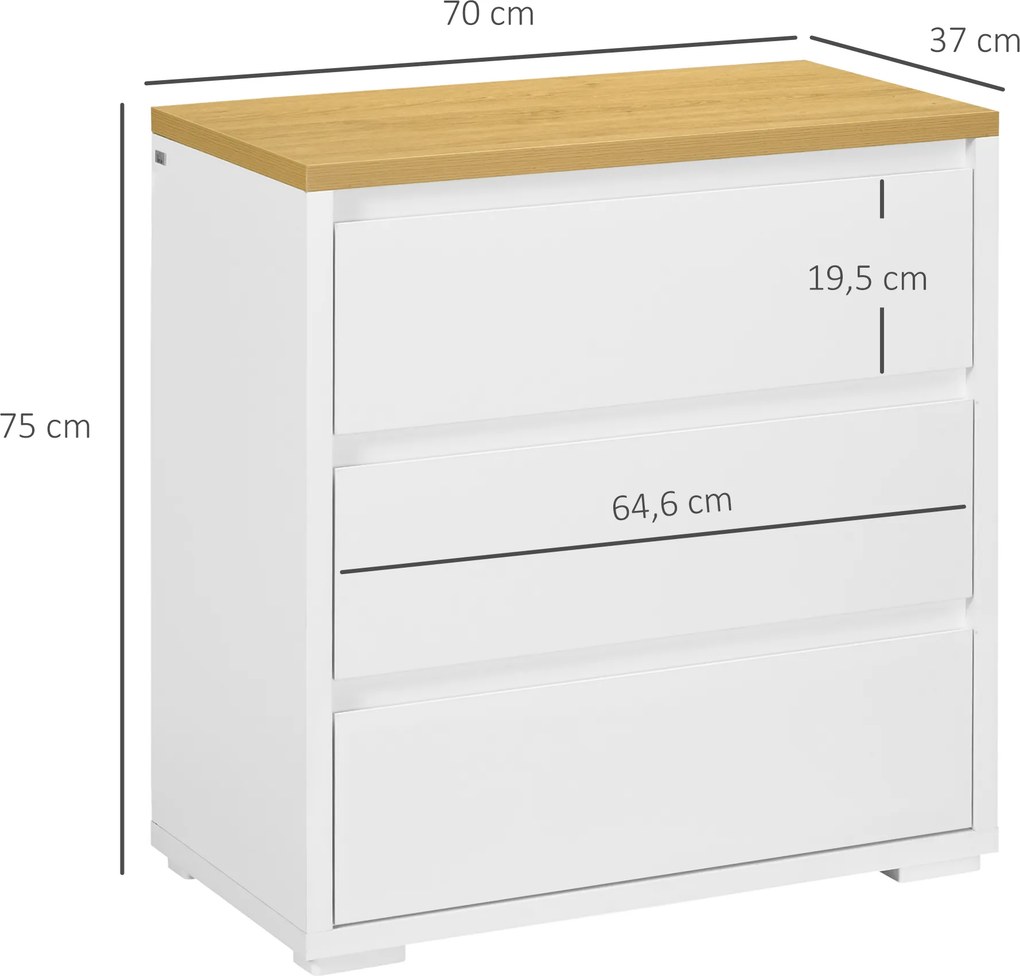 Cómoda Moderna com 3 Gavetas de Madeira 70x37x75 cm para Dormitório Carga Máxima 40 kg Branco e Madeira