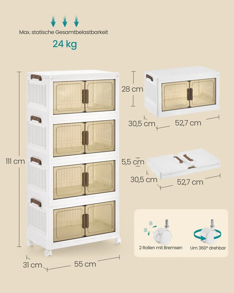 Caixas de armazenamento em Plástico 31 x 55 x 111 cm com 4 níveis e 1 tampa Branco
