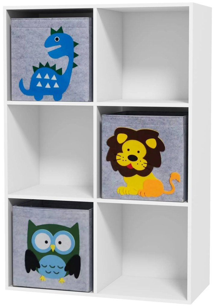 ZONEKIZ Estante para Brinquedos com 6 Compartimentos e 3 Caixas de Tecido não Tecido e Desenho de Animais 61,8x29,9x91,5 cm Branco e Cinza