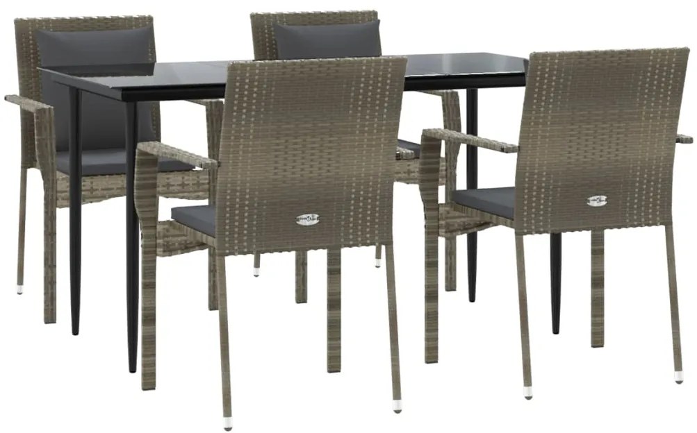 5 pcs conjunto jantar jardim c/ almofadões vime PE preto/cinza