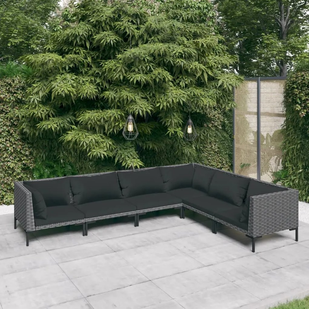 vidaXL 6 pcs conj. lounge jardim c/ almofadões vime PE cinzento-escuro