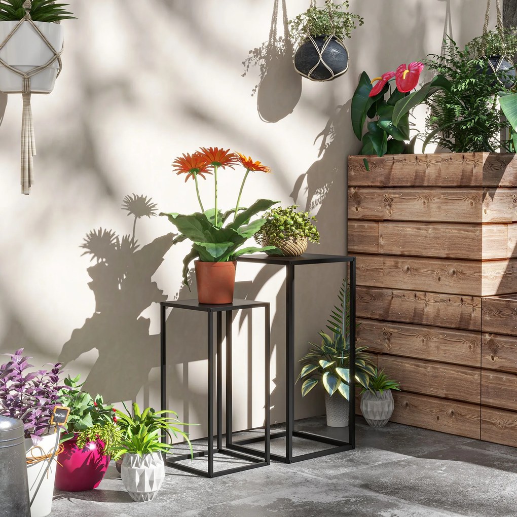Conjunto de 2 suportes para vasos de flores encaixáveis, com 2 alturas diferentes (58,5 e 65 cm) - aço preto
