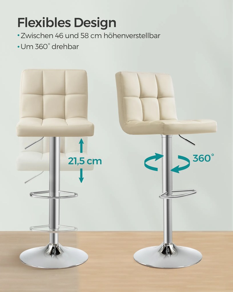 Conjunto de 2 bancos de bar 43 x 44,5 x (95-115) cm, ajustáveis em altura e com encosto bege areia