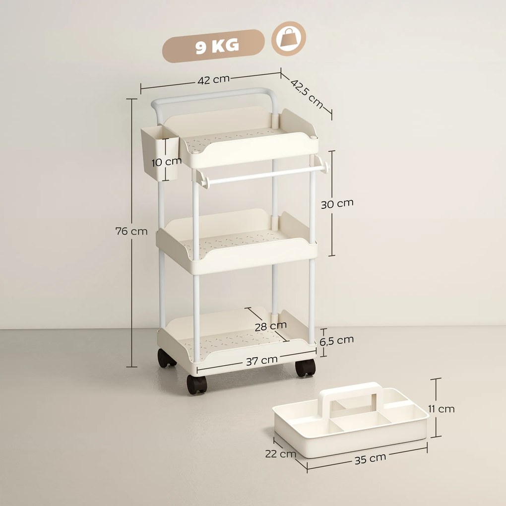 Carrinho Auxiliar com Rodas de 3 Níveis com Cestos Extraíveis Suporte para Toalhas e Estrutura de Metal 42x42,5x76 cm Branco