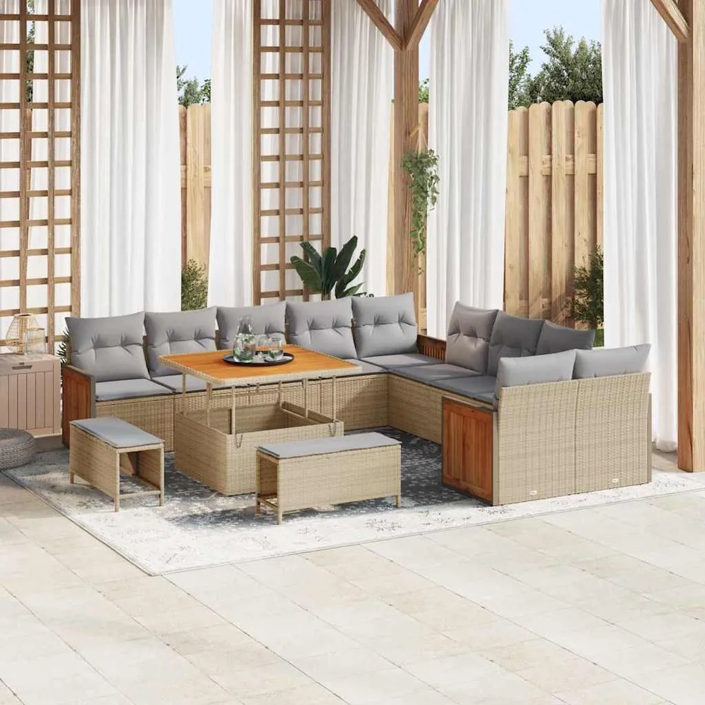 Conjunto de Sofá de Jardim vidaXL com Almofadas Bege Rattan Poliéster Acácia