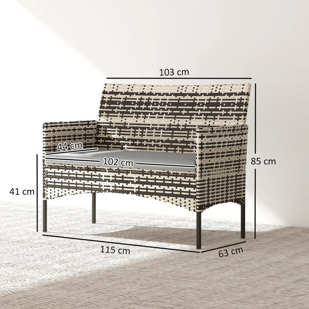 Sofá de jardim de 2 lugares em resina trançada com almofadas 115 x 63 x 85 cm, sofá de exterior com braços cinzento mesclado