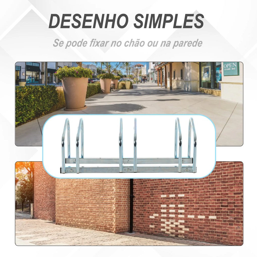 Estacionamento para 3 Bicicletas Suporte de Aço para Estacionar Bicicletas no Chão para Interior e Exterior 76x33x27cm Prata